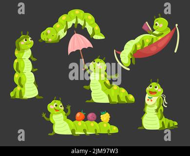 Cute caterpillar in different poses cartoon illustration set. Funny little green worm with pretty face sleeping, reading book, collecting berries, sta Stock Vector