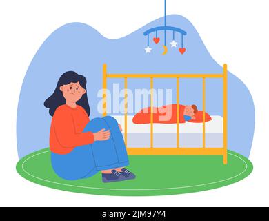 Depressed mother sitting next to crib with newborn child. Sad and tired mom next to sleeping baby in crib flat vector illustration. Postnatal depressi Stock Vector