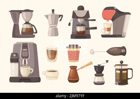 Different coffeemakers vector illustrations set. Collection of coffee or espresso machines with filters, cups and mugs, moka pot, Turkish cezve on whi Stock Vector