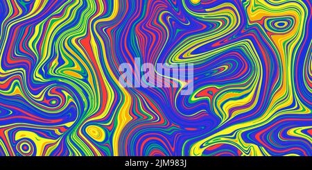Bright psychedelic seamless marble pattern with hallucination swirls. Vector liquid acrylic texture. Flow art. Trippy 70s textile background. Tie dye Stock Vector