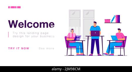 Employees sitting and standing at computer desks in office. Cartoon men and women in ergonomic work space flat vector illustration. Ergonomic workplac Stock Vector