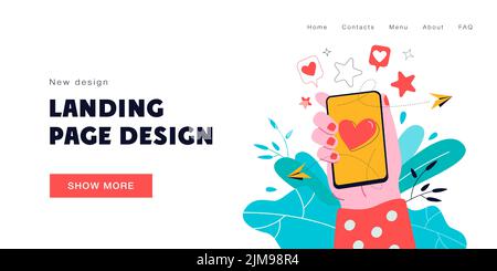 Female hand holding phone with heart on screen isolated flat vector illustration. Cartoon mobile phone mockup and sending love messages or chatting. C Stock Vector