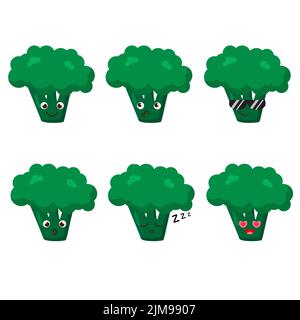 Set of broccoli emojis. Kawaii style icons, vegetable characters. Vector illustration in cartoon flat style. Set of funny smiles or emoticons. Good Stock Vector