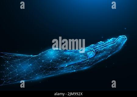 Vector polygonal illustration of the open palm of the hand raised up on a dark blue background. Open palm hand gesture low poly design. Giving hand co Stock Vector