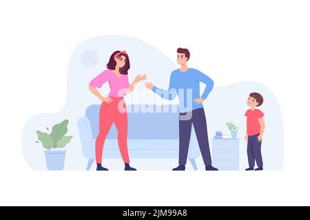 Angry parents arguing in front of crying child. Abusive relationship between wife and husband flat vector illustration. Unhappy family, conflict conce Stock Vector