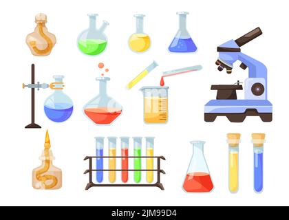 Beakers and burners with colorful liquid cartoon collection set. Using glass flasks for conducting chemical analysis or experiment and making potion. Stock Vector
