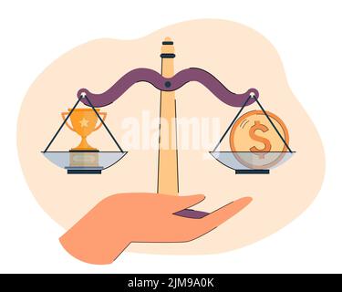 Hand holding balance scales with money and win golden cup. Person measuring price of victory flat vector illustration. Decision, investment concept fo Stock Vector