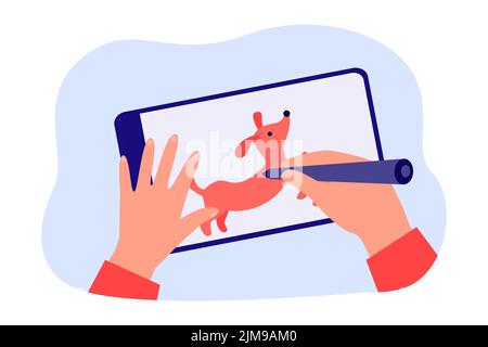 Hands of digital artist drawing cute comic dog on graphic tablet. Graphic designer holding stylus or pen flat vector illustration. Graphic design, cre Stock Vector