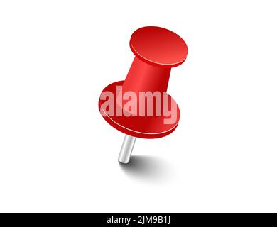 Red pins tacks flags. Attach buttons on needles, pinned office thumbtack. Vector illustration. Stock Vector