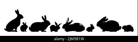 Set of Rabbits are grazing. Picture silhouette. Farm pets. Fur animals. Isolated on white background. Vector Stock Vector