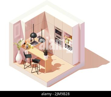 Vector isometric modern kitchen room. Small kitchen. Bar counter with chairs, modern furniture, stove, oven. Low poly cross-section illustration. Stock Vector