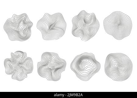 Wooden tree rings. Abstract topography circles. Organic texture shapes. Vector outline illustrations set. Stock Vector