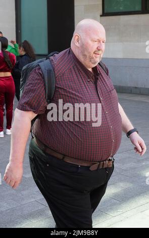 Former church official Martin Sargeant, 52 , of Dudley, in the West Midlands, leaves Westminster Magistrates' Court, London, where he appeared charged with fraud and money laundering approximately £5.2 million from the Church of England's Diocese of London. Picture date: Friday August 5, 2022. Stock Photo