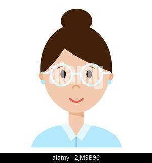 Funny cartoon woman face, cute avatar or portrait. Girl with dark hair. Young character for web in flat style. Print for sticker, emoji, icon Stock Vector