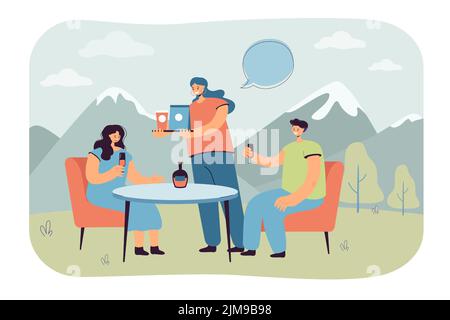 Couple visiting outdoor cafe flat vector illustration. Waiter serving man and woman, bringing food in background of mountain. Date, love concept for b Stock Vector