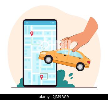 Huge smartphone with city map on screen and big hand holding car. Person using app for making route to destination flat vector illustration. Taxi serv Stock Vector
