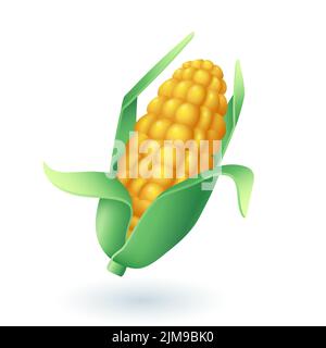 3d cartoon style corn cob icon on white background. Ear of corn, healthy food flat vector illustration. Agriculture, farming, organic food, harvest, n Stock Vector
