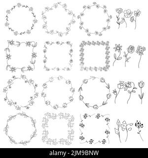 Collection of Artistic Hand Sketched Decorative Doodle Borders and Frames. Floral Design Elements. Hand Drawn vector Illustration. Stock Vector