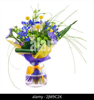 Flower bouquet from roses, green carnation, iris and statice flowers. Stock Photo