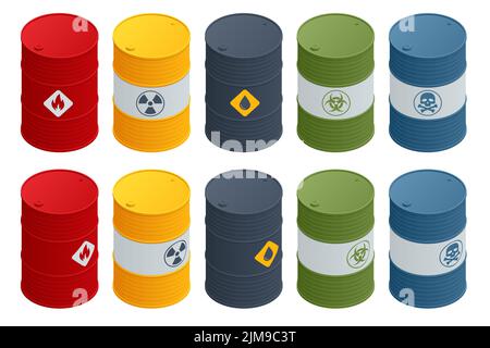 Isometric Barrels with flammable substances, Biohazard waste, Radioactive waste, Toxic waste. Stock Vector