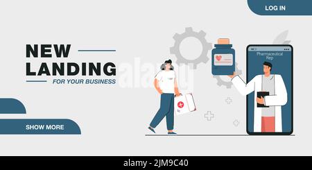 Doctor and pharmacist collaborating flat vector illustration. Pharmaceutical representative handing out medicines to health worker through screen. Hea Stock Vector