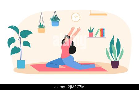 Morning hatha yoga of woman sitting on mat at home. Female character stretching in calm posture, girl doing healthy exercises and meditation flat vect Stock Vector