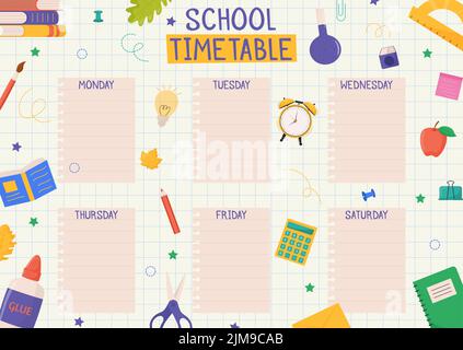 Cute childish school timetable, weekly classes schedule for kids with school supplies. Printable planner, diary for student. Stationery set for Stock Vector