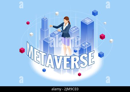 Isometric future digital technology cyber virtual game entertainment metaverse. VR virtual reality goggle Stock Vector