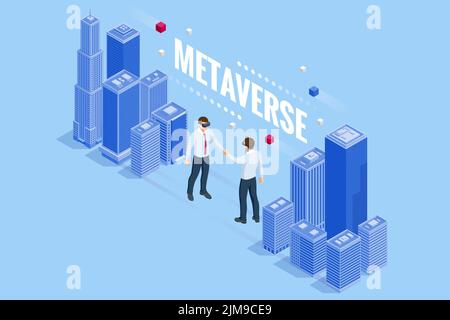 Isometric future digital technology cyber virtual game entertainment metaverse. VR virtual reality goggle Stock Vector