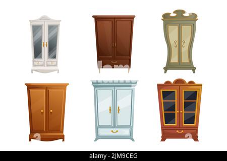 Collection of different cabinets and cupboards in classic style cartoon vector illustration. Wooden wardrobes, old fashioned furniture, vintage stuff Stock Vector