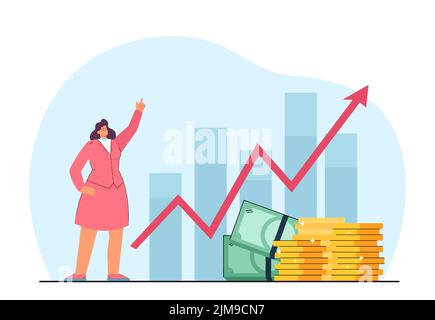 Cheerful businesswoman next to  graph with up arrow. Stack of huge gold coins and banknotes flat vector illustration. Progress, business growth, devel Stock Vector