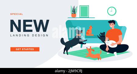 Pet owner playing with cats and dogs in home apartment. Man with many happy domestic animals flat vector illustration. Friendship, love for pet concep Stock Vector