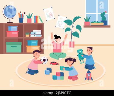 Cute cartoon kids playing on floor in kindergarten. Toy car, robot, rocket, child playing with cubes flat vector illustration. Childhood, education co Stock Vector