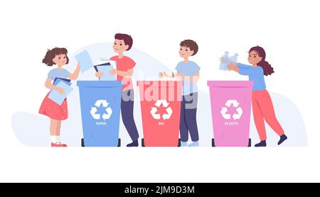 Children sorting garbage flat vector illustration. Kids throwing trash into dustbins for paper bio and plastic waste for recycling. Boys and girls tak Stock Vector