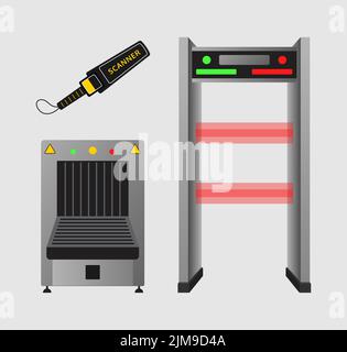 Security checkpoint elements flat vector illustrations set. Metal detector gate, X-ray scanner for luggage or baggage in airport isolated on grey back Stock Vector