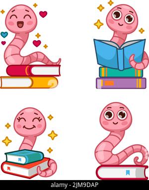 Collection of funny cartoon bookworm character reading books and smiling Stock Vector