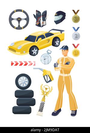 Set for F1 race winner. Vector illustrations of driver in uniform, medals for victory. Cartoon racer character, racing car, steering wheel, gloves and Stock Vector