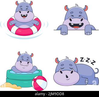 Collection of  hand-drawn hippos swimming with lifebuoy, in pool, smiling and sleeping Stock Vector