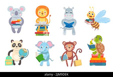 Cute animals reading books cartoon illustration set. Smart bee character holding textbook. Funky elephant, tiger, bear, turtle studying. Education, li Stock Vector