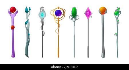 Colorful magic wands for wizards cartoon illustration set. Metal magicians walking sticks with crystals for games, app interface. Staff and equipment Stock Vector