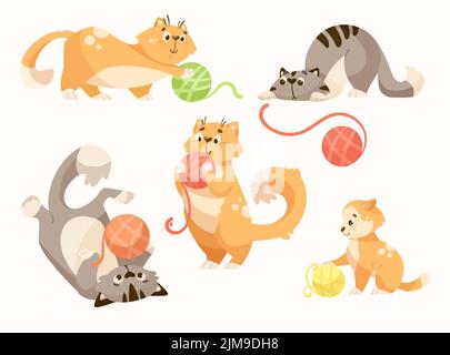 Cute cats playing with ball of yarn cartoon illustration set. Adorable baby kitten having fun, enjoying, lying, sitting, standing on hind legs. Domest Stock Vector