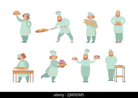 Cute male and female bakers in uniform cartoon illustration set. Man and woman cooking cake, rolling out bread dough, making recipe for bakery. Chef c Stock Vector