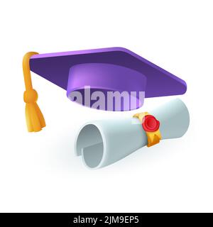 Graduation cap and diploma with seal 3D icon. Hat with tassel, paper scroll with badge 3D vector illustration on white background. Education, graduati Stock Vector