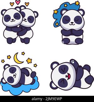 Set of cute hand-drawn pandas hugging, sleeping, lying on cloud, playing Stock Vector