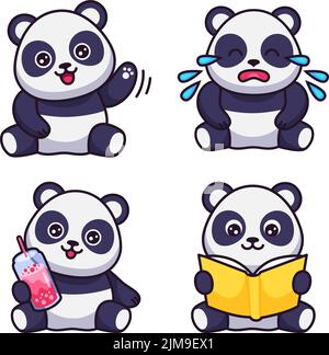 Set of cute hand-drawn pandas waving, crying, holding cocktail, reading book Stock Vector