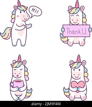 Set of cute hand-drawn unicorns saying hi and thank you, holding coffee cup and heart Stock Vector