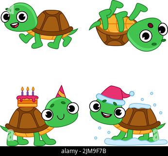 Set of cute hand-drawn turtles walking, lying on shell, carrying birthday cake, wearing Santa hat Stock Vector