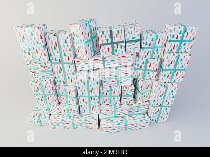 A stacked wall of different sized rectangular gift boxes wrapped in ...