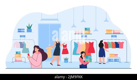 Female customers looking at clothes in retail store. Women buying garments or apparel in clothing shop flat vector illustration. Fashion, shopping con Stock Vector