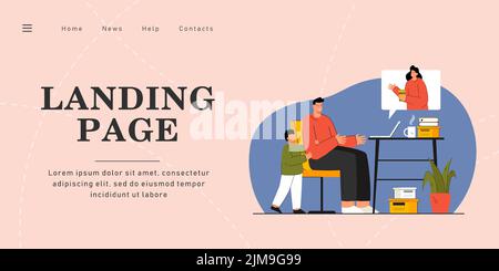 Family having video call during pandemic. Flat vector illustration of son and father communicating with mother through computer windows at home. Onlin Stock Vector